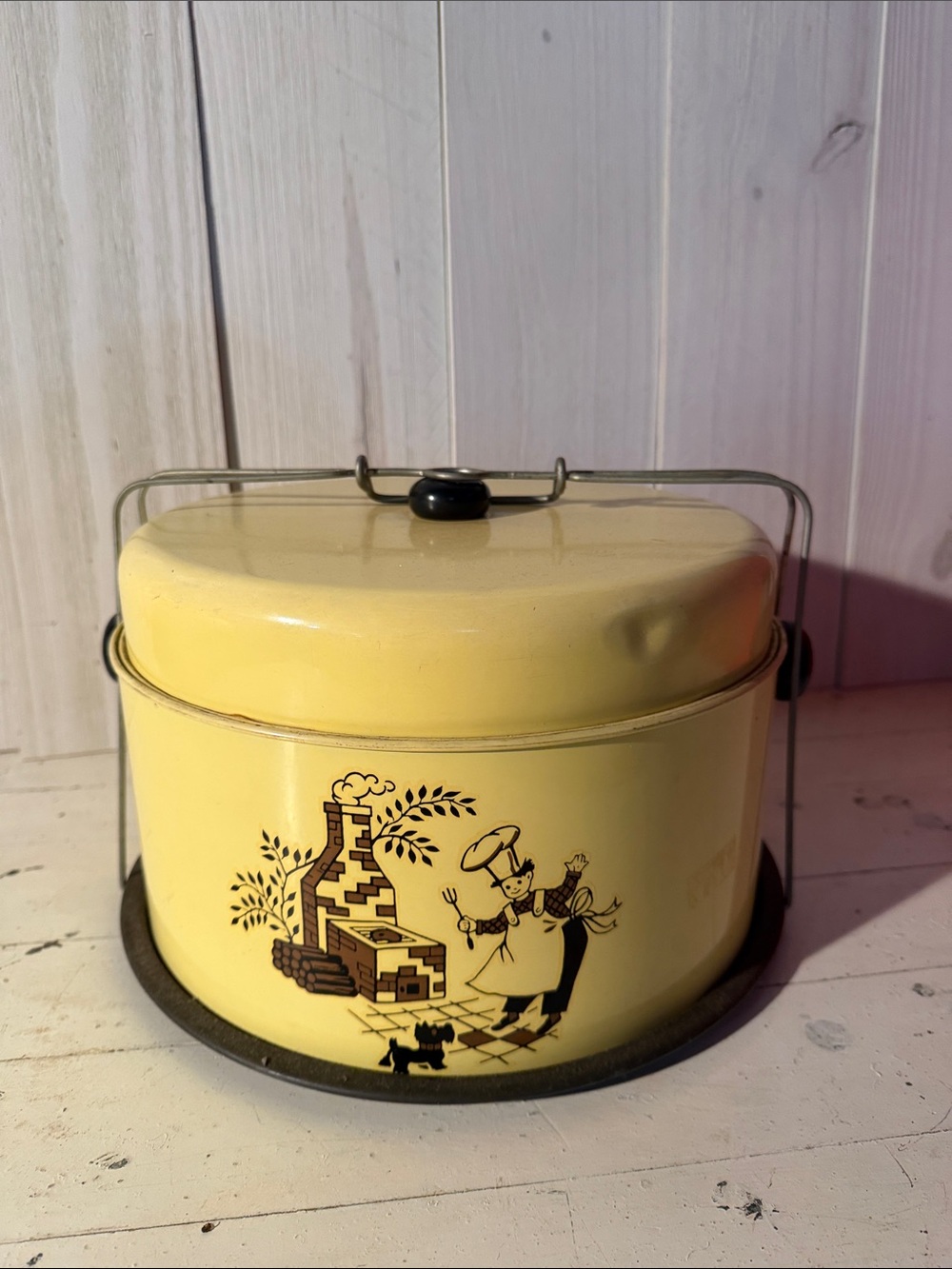 Vintage Metal Cake Carrier with Chef and Dog Illustration